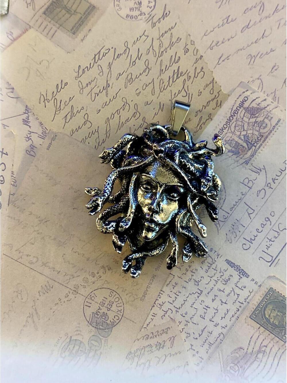 Silver-Metallic Antiqued Medusa Head Gorgon Mythological Pendant Jewel